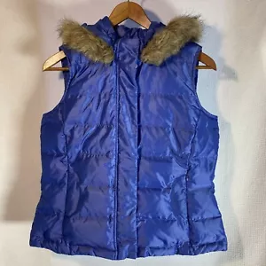 Womens Talbots Vest Blue Down Puffer Faux Fur Removable Hood Full Zip Small - Picture 1 of 10