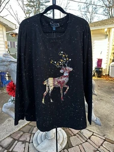 KAREN SCOTT BLACK HOLIDAY SWEATER REINDEER EMBELLISHED 3XL NWT - Picture 1 of 4