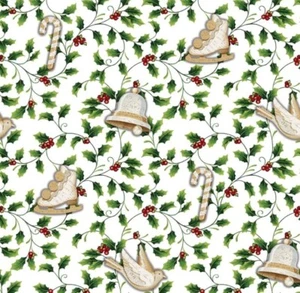 CLEARANCE - 1+YD 'WINTER LODGE' DOVES & BELLS ON WHITE CHRISTMAS FABRIC - Picture 1 of 1