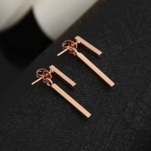 9K ROSE GOLD VALENTINE LADIES T BAR STUD DROP EARRINGS GIFT - Picture 1 of 3