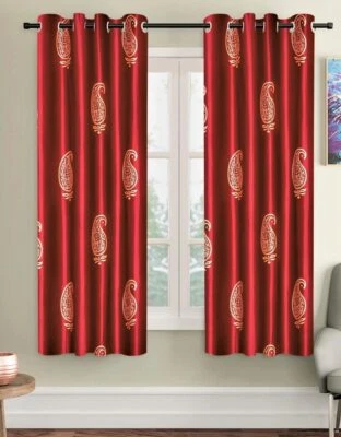 2 Pieces Hand Block Gold Paisley Eyelet Polyester Window Curtains 5Ft - Maroon - Image 1 of 4