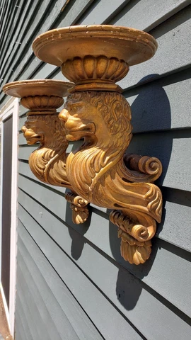 antique carved pediment heavily carved walnut lion wall shelves Cover