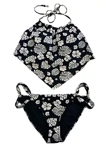 Heat Swimsuit Junior XL Navy Floral 2 Piece Halter Open Back Top Cross Loop Side - Picture 1 of 11