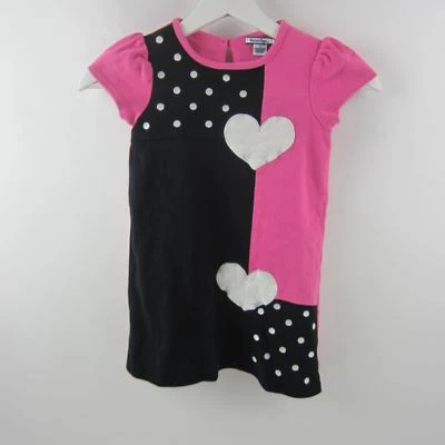 Hartstrings Girls Dress Polka Dot Hearts S/S 100% Cotton Black Pink Size 5 - Image 1 of 4