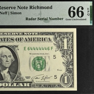 1974 $1 Federal Reserve Note PMG 66EPQ - Top Pop - Super Radar Serial 64444446 - Image 1 of 4
