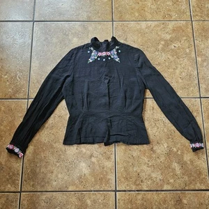 Vintage 30s Floral Blouse Da Ja Originals Embroidered Button Up Back Black 40s - Picture 1 of 13