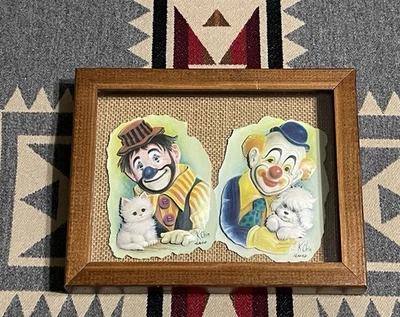 Vintage 70s K. Chin - Clown w Kitty Cat & Puppy Dog Framed Litho Artwork 7x9in Foto 1 de 4