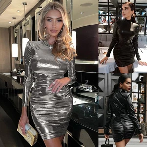SEXY Ladies PU Leather Wet Look Long Sleeve Party Ruched Slim Bodycon Mini Dress - Picture 1 of 39
