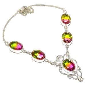 Natural Tourmaline Gemstone Chain Necklace 925 Sterling Silver Indian - Picture 1 of 4