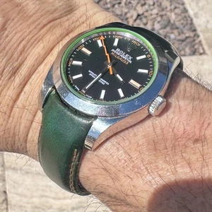 20mm GREEN leather curved Strap Rolex MILGAUSS Submariner GMT Explorer II T - Picture 1 of 11