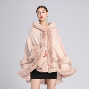 Luxury Womens Faux Rex Rabbit Fur Collar Hooded Cape Large Knitted Coat Cardigan - Picture 1 of 30