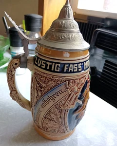 German BEER STEIN with Metal Lid Lustig Fass Mich-Lustig Lass' Mich - Picture 1 of 15