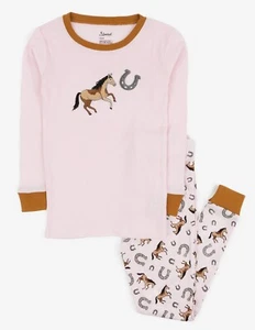 Girl's Western Horse, Horseshoe Print Light Pink Cotton Pajama Set - Picture 1 of 9