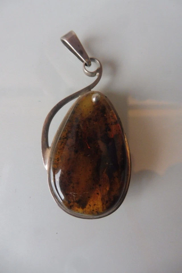 Ciondolo 925 Argento Con Grande Ambra, Bello, Vecchio Ciondolo, 6cm - Immagine 1 di 4