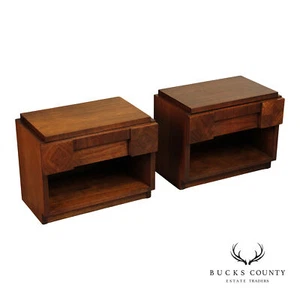 Lane Brutalist Pair of Walnut One-Drawer Nightstands - Picture 1 of 16