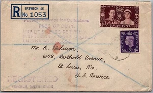 GRAN BRETAÑA 1940 HISTORIA POSTAL SEGUNDA GUERRA MUNDIAL REG CUBIERTA SELLADA ADDR EE. UU. CANC IPSWICH - Imagen 1 de 2