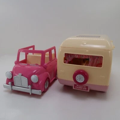 Lil Woodzeez Happy Camper Calico Critters Travel Trailer Jeep Car Pink - Image 1 of 4