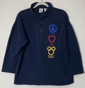 Vtg Disney Store Sweatshirt LARGE Peace Love & Mickey Mouse Embroidered 1/4 Zip - Picture 1 of 5
