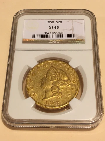 1858 XF45 NGC Liberty Double Eagle $20 Gold Coin eyeclean rare P-mint (no PCGS) Cover
