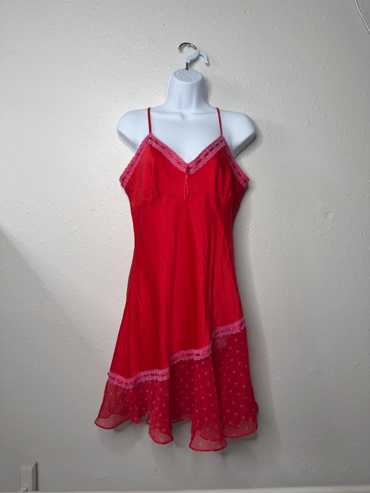 Women's y2k Red Chemise Slip Size 14-16 Intimates Sleepwear Polka Dot Hem - Image 1 of 4