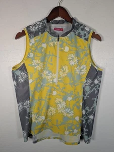 Terry Cycling Jersey Womens XL Yellow Gray Floral Sleeveless Quarter Zip Pockets - Picture 1 of 11
