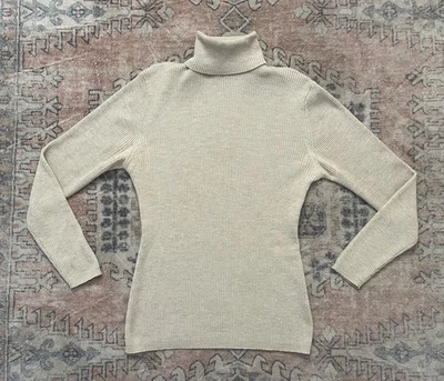 Suéter feminino Banana Republic anos 90 clássico bronzeado neutro lã com nervuras gola alta M - Imagem 1 de 4