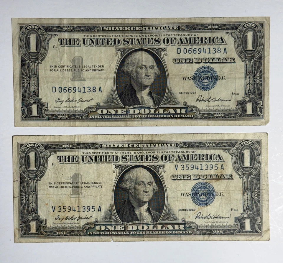 Pair of 1957 $1 Silver Certificates – Blue Seal – Old U.S. Paper Money - Image 1 of 2