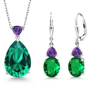 925 Sterling Silver Nano Emerald and Amethyst Pendant Earrings Jewelry Set For - Picture 1 of 3