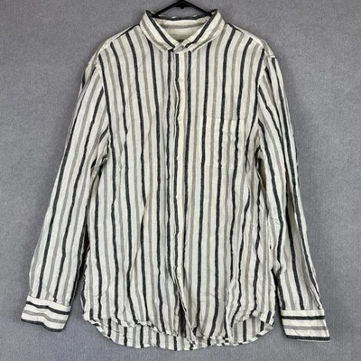 David Jones Shirt Mens Large White Navy Grey Striped Pure Linen Button Up - Image 1 of 4