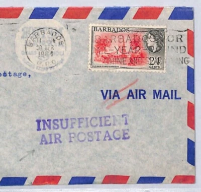 Correo aéreo mal pagado de Barbados *INSUFICIENTE FRANQUEO AÉREO* 1964 GB Polperro ZV90 Foto 1 de 4