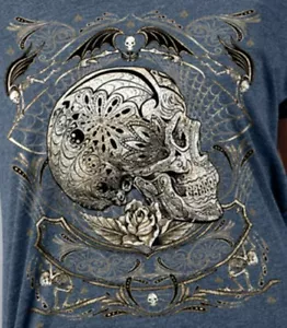 Sugar Skull Profile T-shirt Calavera Womens S-2X New Scoop Neck Vintage Navy - Picture 1 of 4