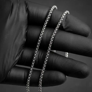 White Gold Plated Solid Smooth 316 Stainless Steel 3MM Pearl Box Chain Necklace - Picture 1 of 6