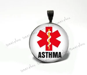 Asthma Medical Alert Glass Top Pendant Black Setting Add to Your Chain Key Chain - Picture 1 of 1