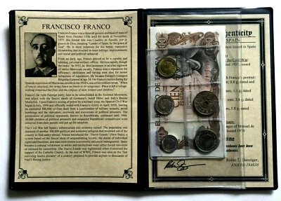 Spanish Dictator Francisco Franco Set Of 5 Coins & 1 Banknote & COA & Album - Image 1 of 4