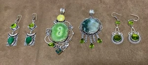 Lot Of 4 Shades Of Green Gemstone .925 Sterling Silver Pendants & Earrings - Picture 1 of 10