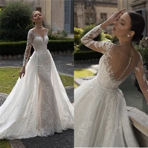 Elegant Mermaid Wedding Dresses O-Neck Long Sleeves Lace Appliques Bridal Gowns - Picture 1 of 12