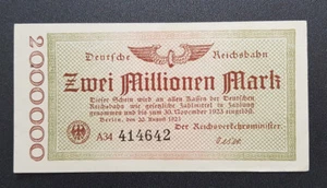 Deutsche Reichsbahn 2 miliony marek Berlin 20.8.1923 seria A34 z Wz. (8865) - Zdjęcie 1 z 2