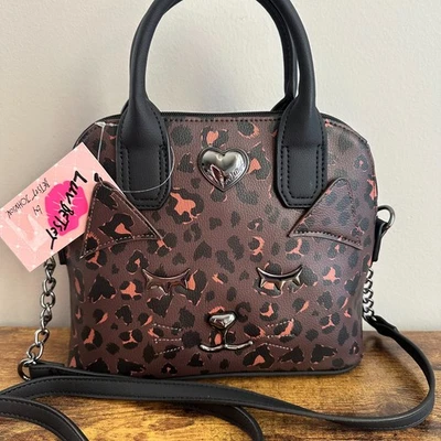 New Betsey Johnson Leopard Brown Satchel Crossbody Handbag Cat Face Black - Image 1 of 4