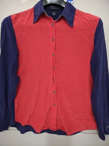 ANNE KLEIN Top Womens 6P Blu Red Blouse Long Sleeve Button Contrast Silk 90s VTG - Picture 1 of 20