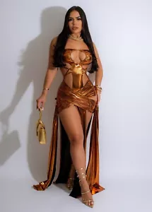 NWT BRONZE LARGE WOMENS MAXI DRESS,CLUBWEAR,STRETCH,CUTOUT,BIKINI,SWIMSUIT,SKIRT - Picture 1 of 2