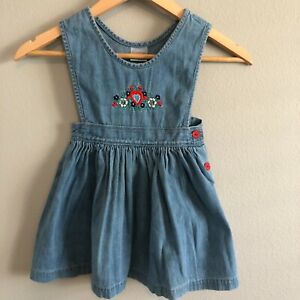 Vintage Healthtex Little Girls Jean Dress with Red Flowers Size 2T