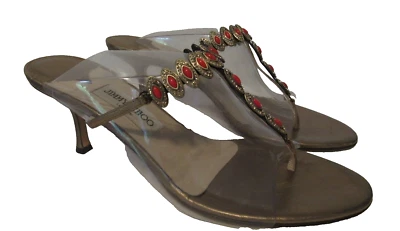 JIMMY CHOO 41.5 Tanga Correa en T Vestido Tacón Sandalia Joya Metálico Dorado Rojo Coral! Foto 1 de 4