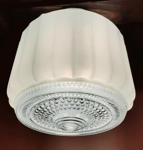 Vtg  1930's Art Deco Frosted/Clear Glass Shade Ceiling Light Fixture Chandelier Cover