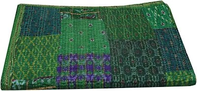 Vintage Kantha Patchwork Handmade Quilt Bedcover Throw Ethnic Boho Green Blanket - Image 1 of 4