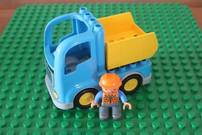Lego Duplo Construction Blue Dump Truck  Man Worker Figure Yellow - Image 1 of 3