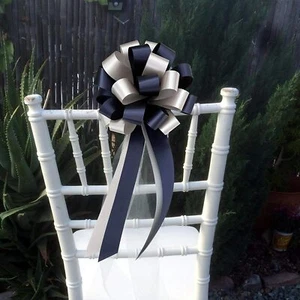 Navy Blue & Silver Pull Bows with Tulle Tails - 8" Wide, Set of 6, Wedding Bows - Picture 1 of 3