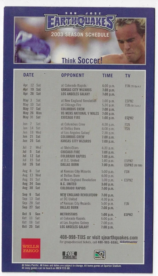 罕见 2003 年圣何塞地震 MLS 磁性足球时间表!!! Wells Fargo — 第 1/1 张图片