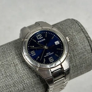Pulsar Watch Mens 37mm Date Blue Dial Silver Tone 7.5" Quartz New Battery READ - Picture 1 of 11
