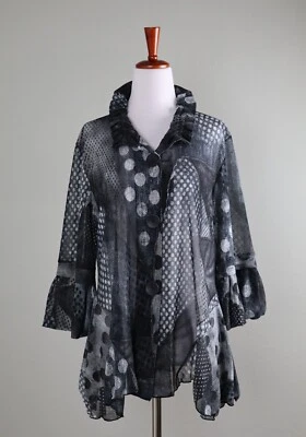 DAMEE, Inc $150 Mesh Stretch Sheer Denim Polka Dot Print Jacket Top Size Medium - Image 1 of 4