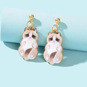 Lovely White Enamel Cat Charm Pierced Earrings Dainty Animal Jewellery for Women - Picture 1 of 4